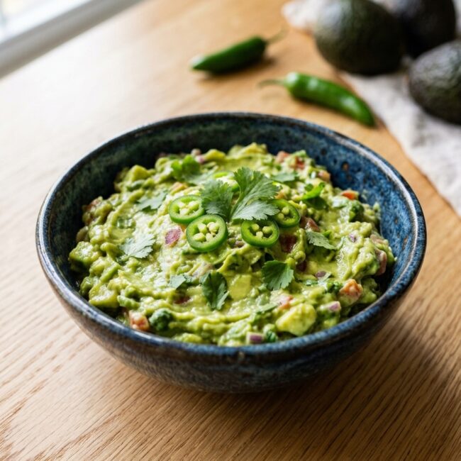 Tazón de guacamole alto en proteína con yogur griego y cilantro fresco, acompañado de totopos crujientes.