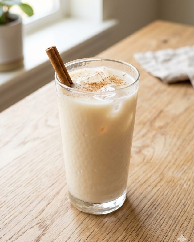 Vaso alto de agua de avena tipo horchata con hielo y una pizca de canela molida, sobre una mesa de madera.