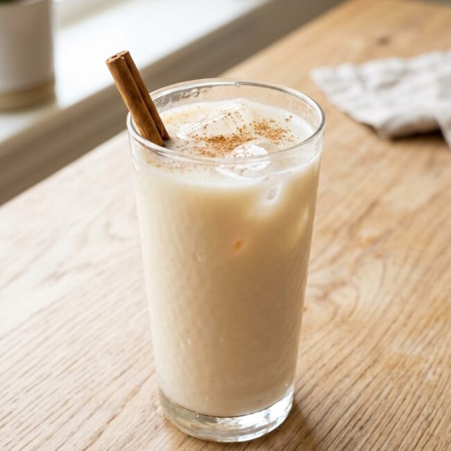 Vaso alto de agua de avena tipo horchata con hielo y una pizca de canela molida, sobre una mesa de madera.